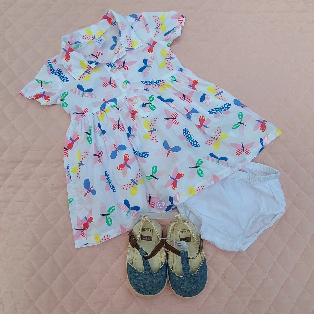 Butterfly collared shirt dress and NWT sandals by Carter's, size 9M